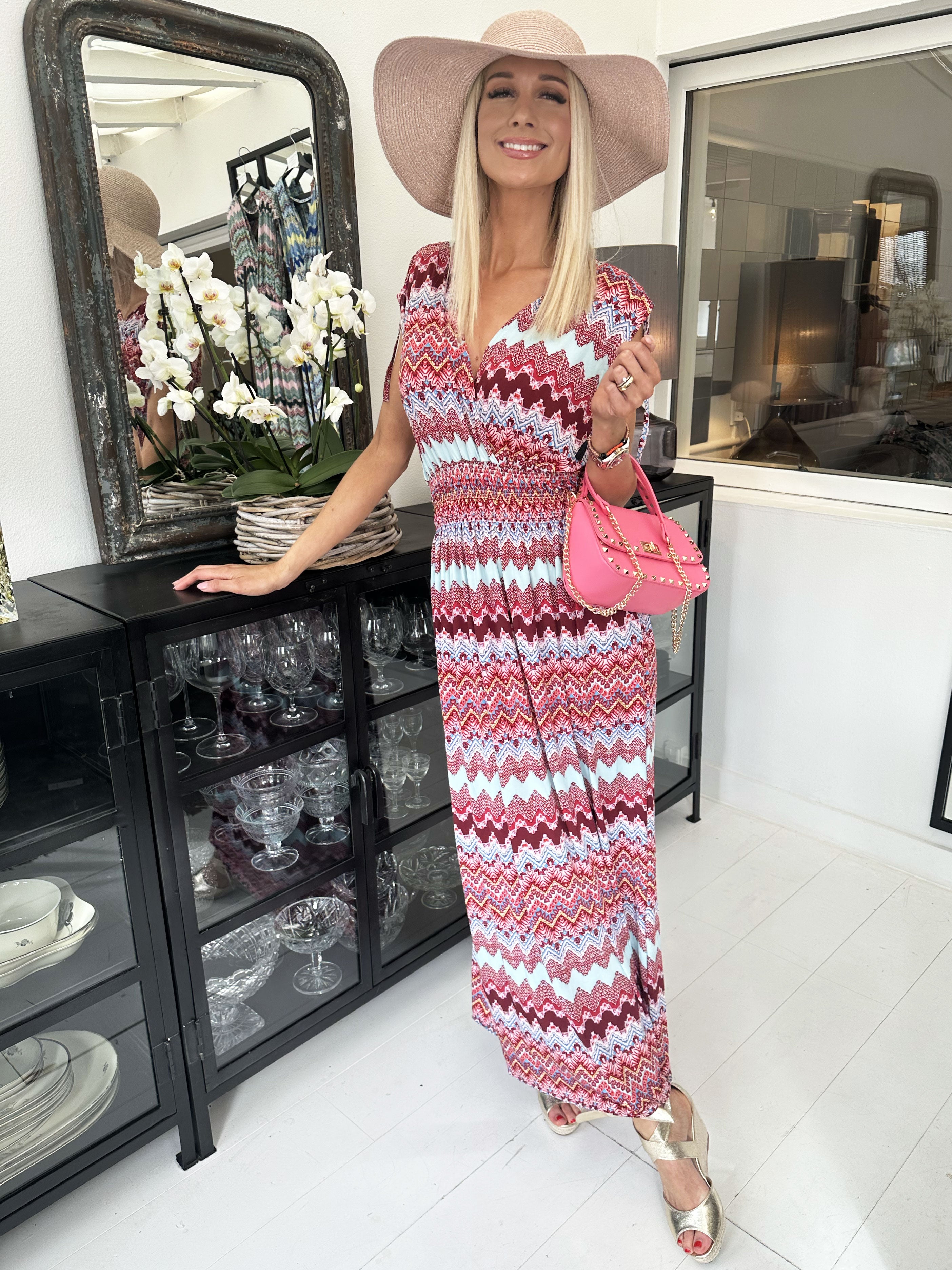 Pams Zigzag Sleeveless - Lang elastisk kjole i krølfrit stof